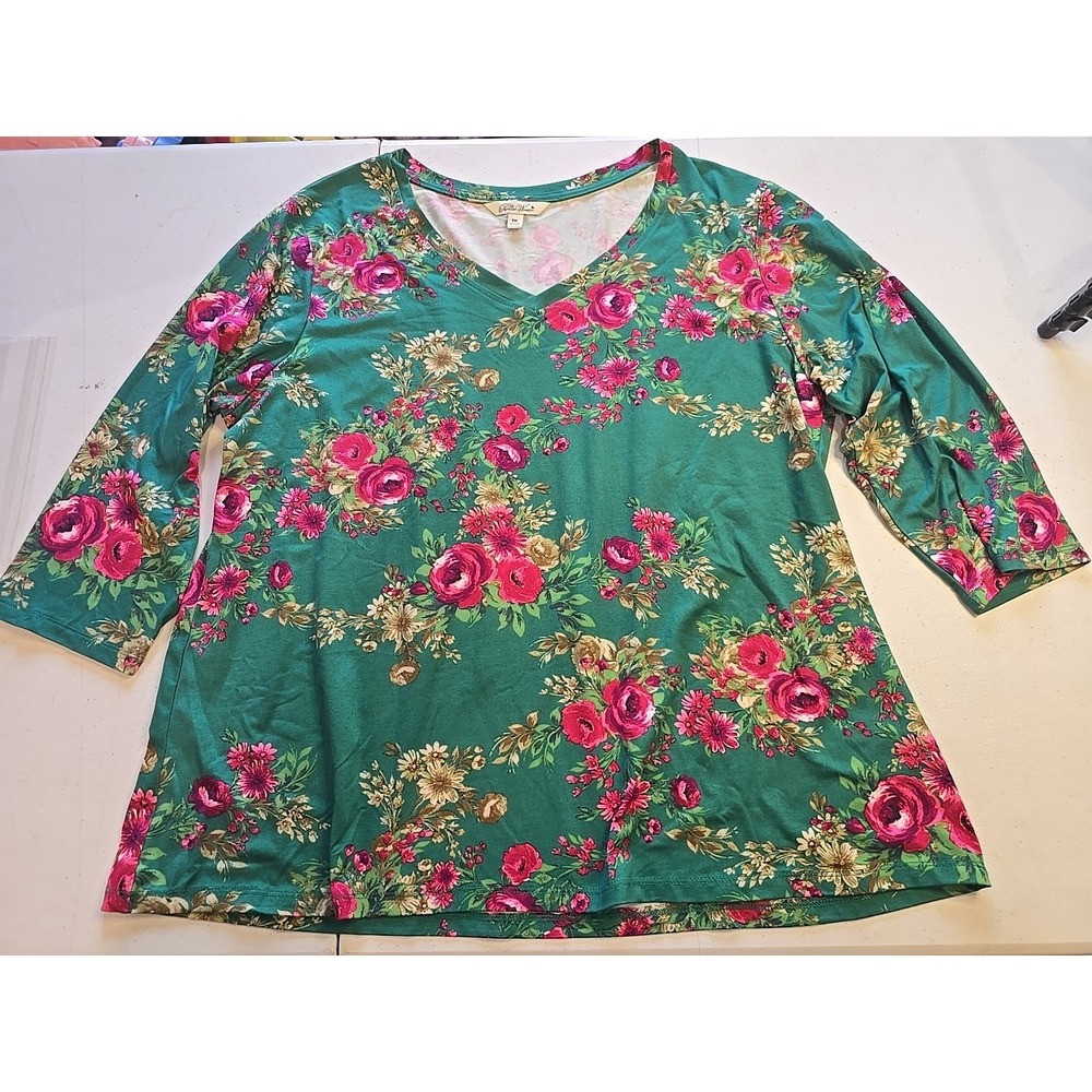 Pioneer‎ Woman Bright Floral 3/4 Sleeve Size XXL 2X Green Pink